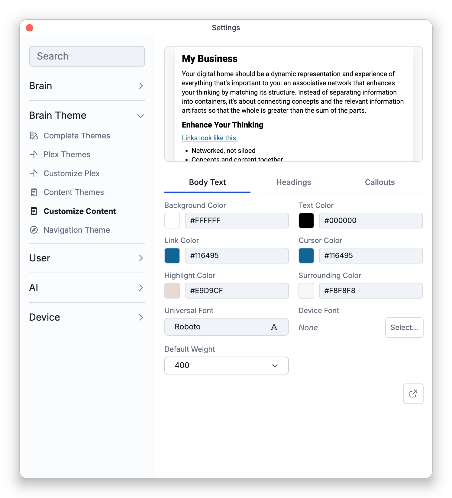 The Customize Content tab in Settings, with a preview of a note above its Body Text, Headings and Callouts tabs