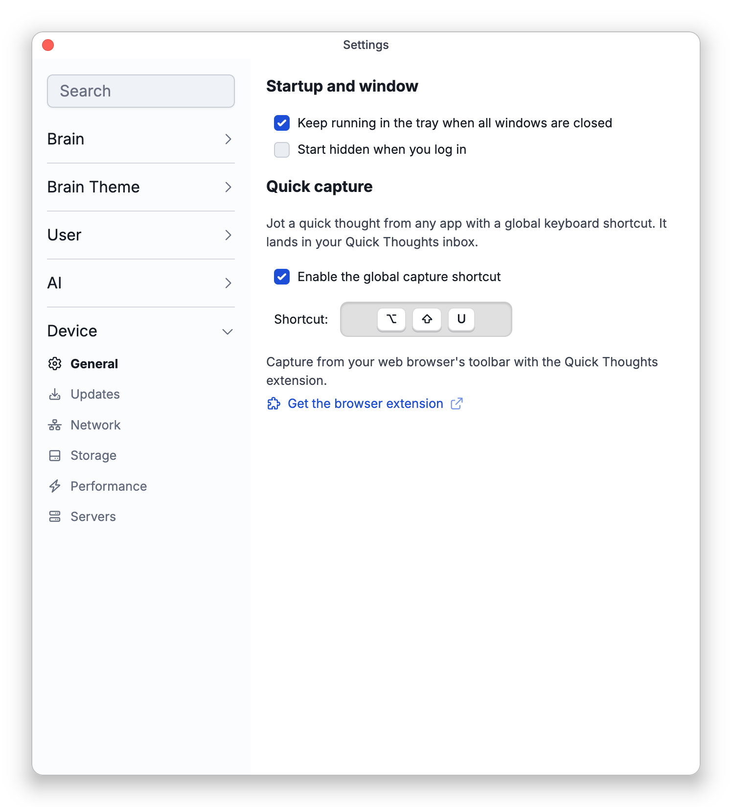 The General tab under Device in Settings, with the Startup and window and Quick capture settings