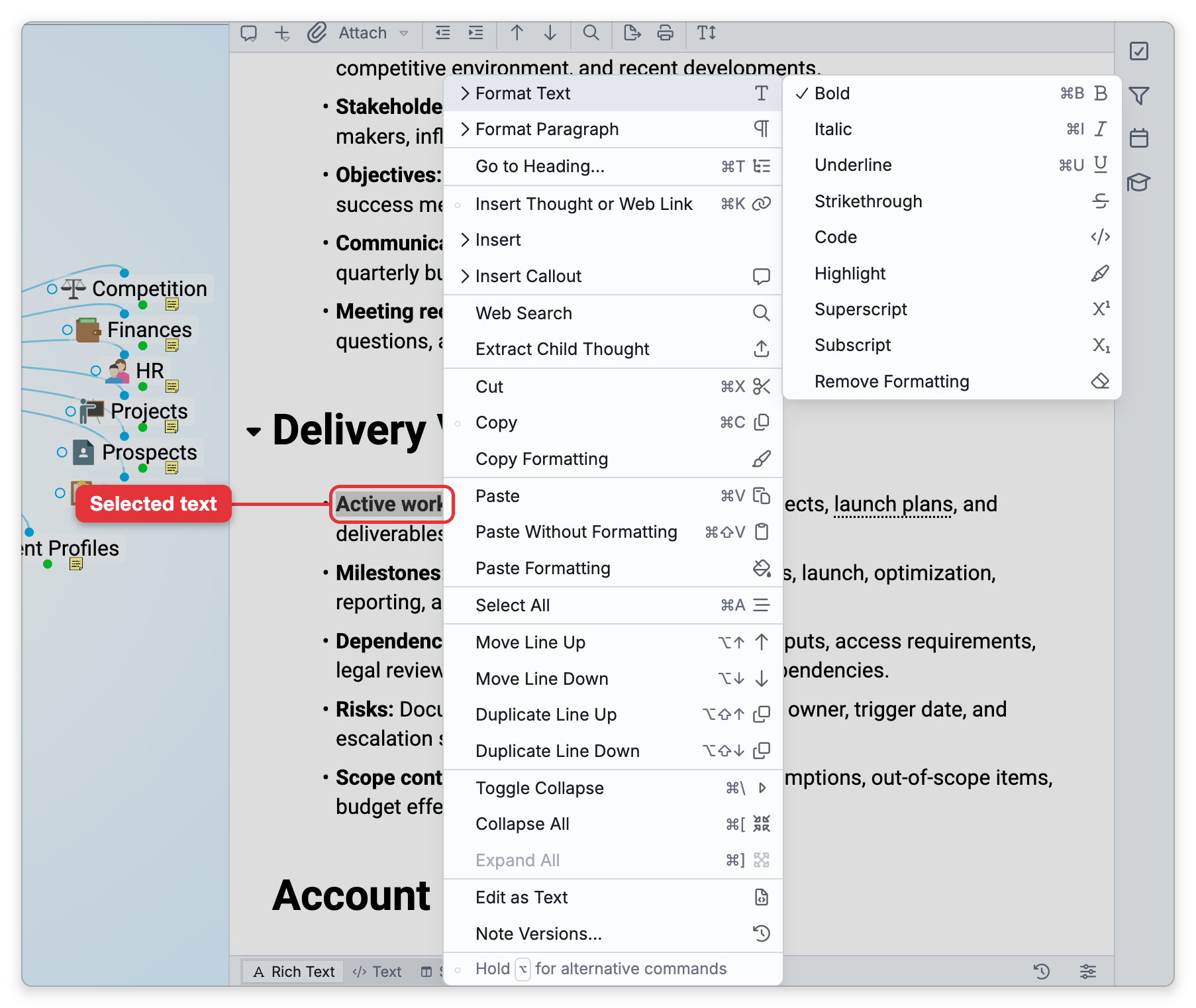 The menu that right-clicking selected text in a note opens, with a label on the selected text, Active work: its Format Text submenu is open, listing Bold, Italic, Underline, Strikethrough, Code, Highlight, Superscript, Subscript and Remove Formatting, beside Format Paragraph, Go to Heading, Insert, Insert Callout and the clipboard and line commands