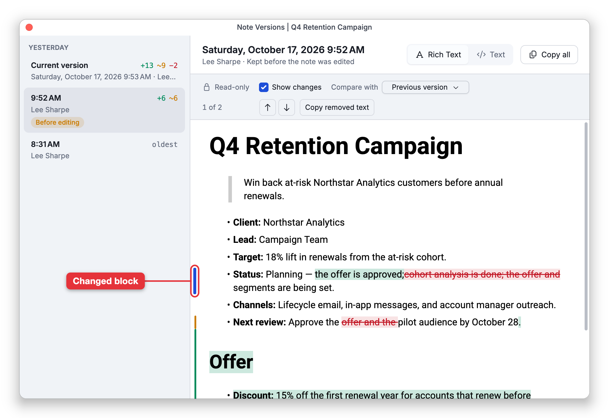 The Note Versions window for Q4 Retention Campaign. On the left, under Today: the Current version with +13 ~9 −2, the 9:52 AM version by Lee Sharpe tagged Before editing with +6 ~6, which is selected, and the oldest version. On the right, the selected version with Read-only, Show changes ticked, Compare with Previous version, change 1 of 2 with arrows and Copy removed text, and the note with added text highlighted in green and removed text struck through in red. A label points at the bar in the margin that marks the changed block