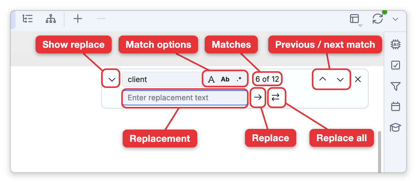 The find bar of a note with its replace row open, searching for "client" with 2 of 12 matches, and labels on its parts: the Show replace chevron, the Match options (case sensitive, whole word and regular expression), the match count, the Previous and next match arrows, the replacement box, Replace and Replace all