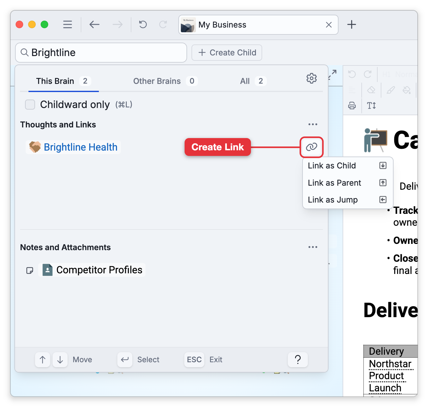 Search with Brightline typed while Campaign Projects is active: a label points at the Create Link button at the right end of the Brightline Health row, and its menu lists Link as Child, Link as Parent and Link as Jump