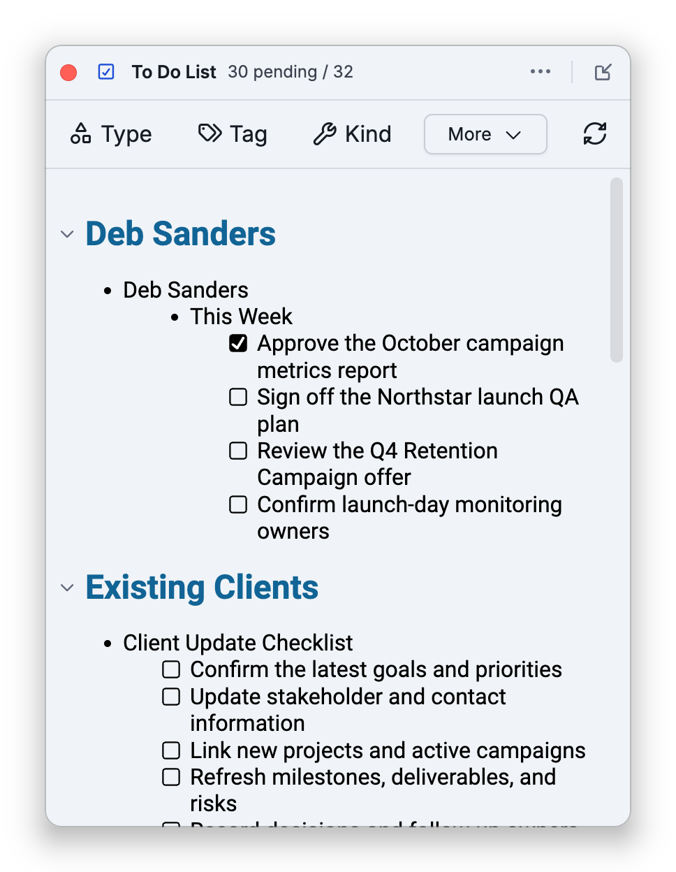 The To Do List floating in a window of its own on the desktop app. The window's only window button is the close button, and the Dock to sidebar button is at the right end of the tool's header, which is also the window's title bar