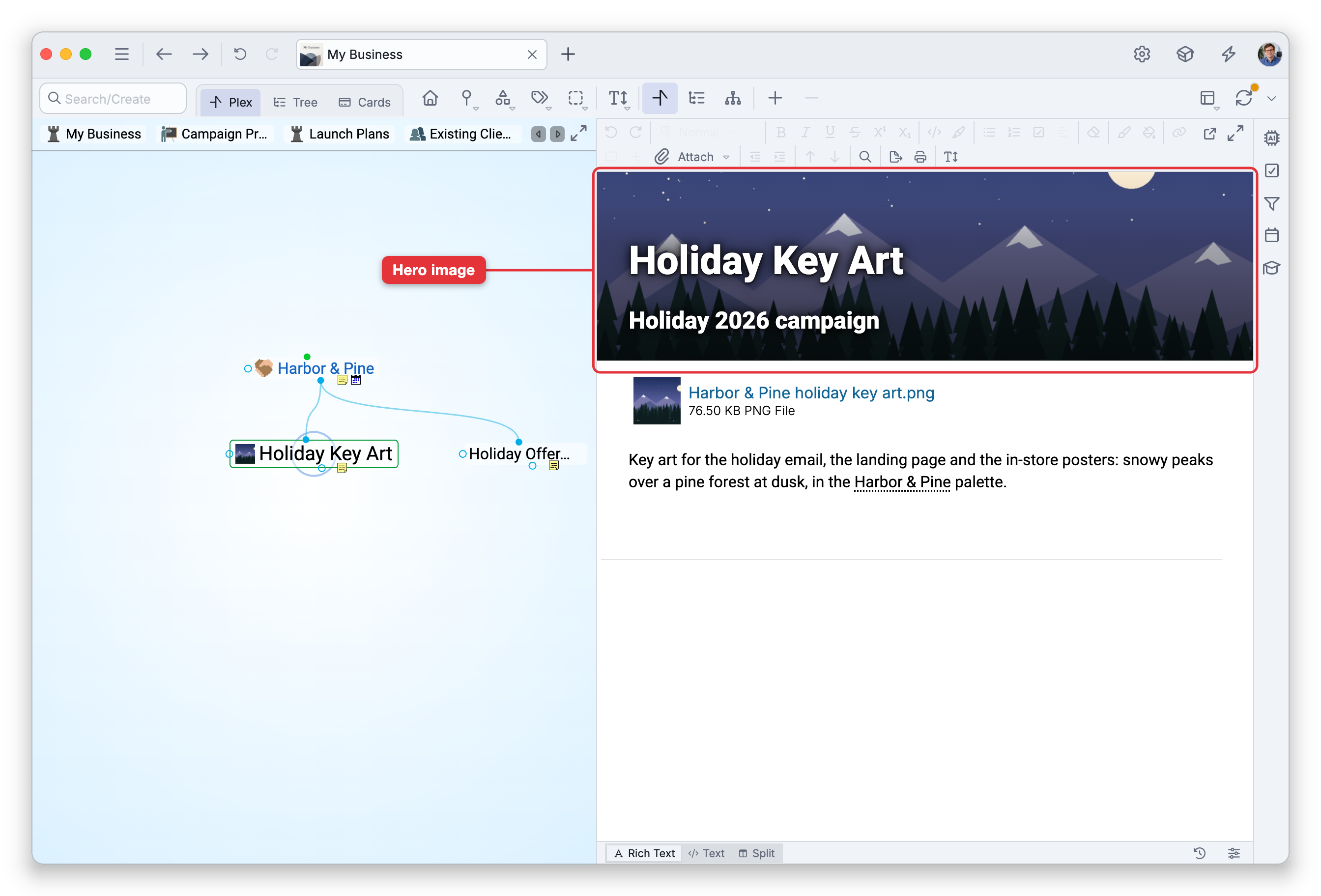 A brain window with Holiday Key Art active. Its only attachment is a picture of snowy mountains over a pine forest, which TheBrain uses as its icon: the Plex shows it small beside the thought's name, and the content area shows it as a banner across the top, labeled Hero image, with the name Holiday Key Art and the label Holiday 2026 campaign drawn over it
