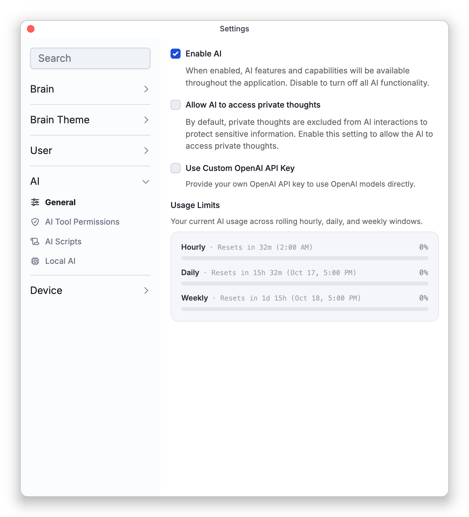 The General tab under AI in Settings: Enable AI, Allow AI to access private thoughts and Use Custom OpenAI API Key, and under Usage Limits three bars, Hourly, Daily and Weekly, each with when it resets and the share used, here 0%