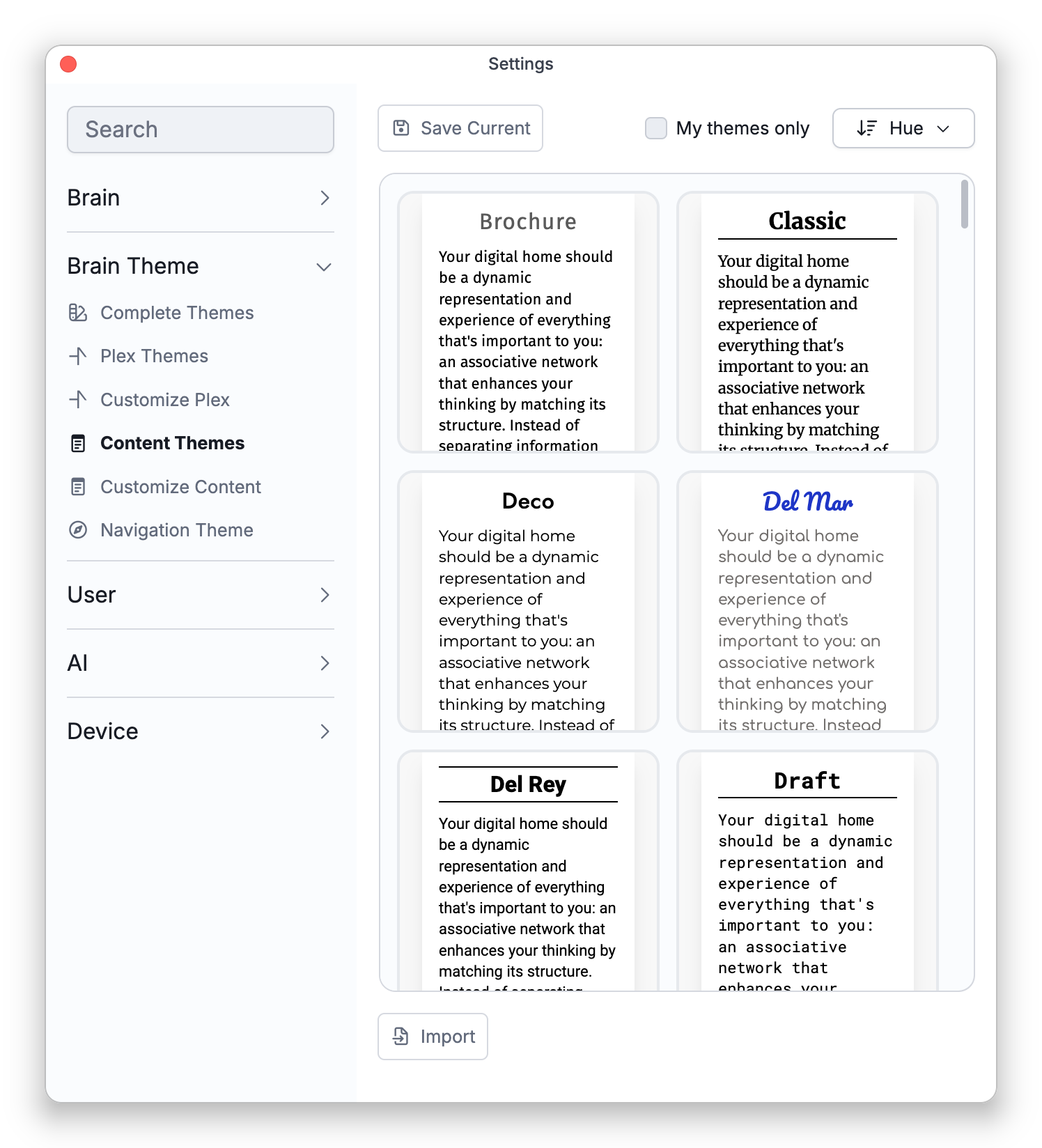 The Content Themes tab in Settings, showing a gallery of content themes