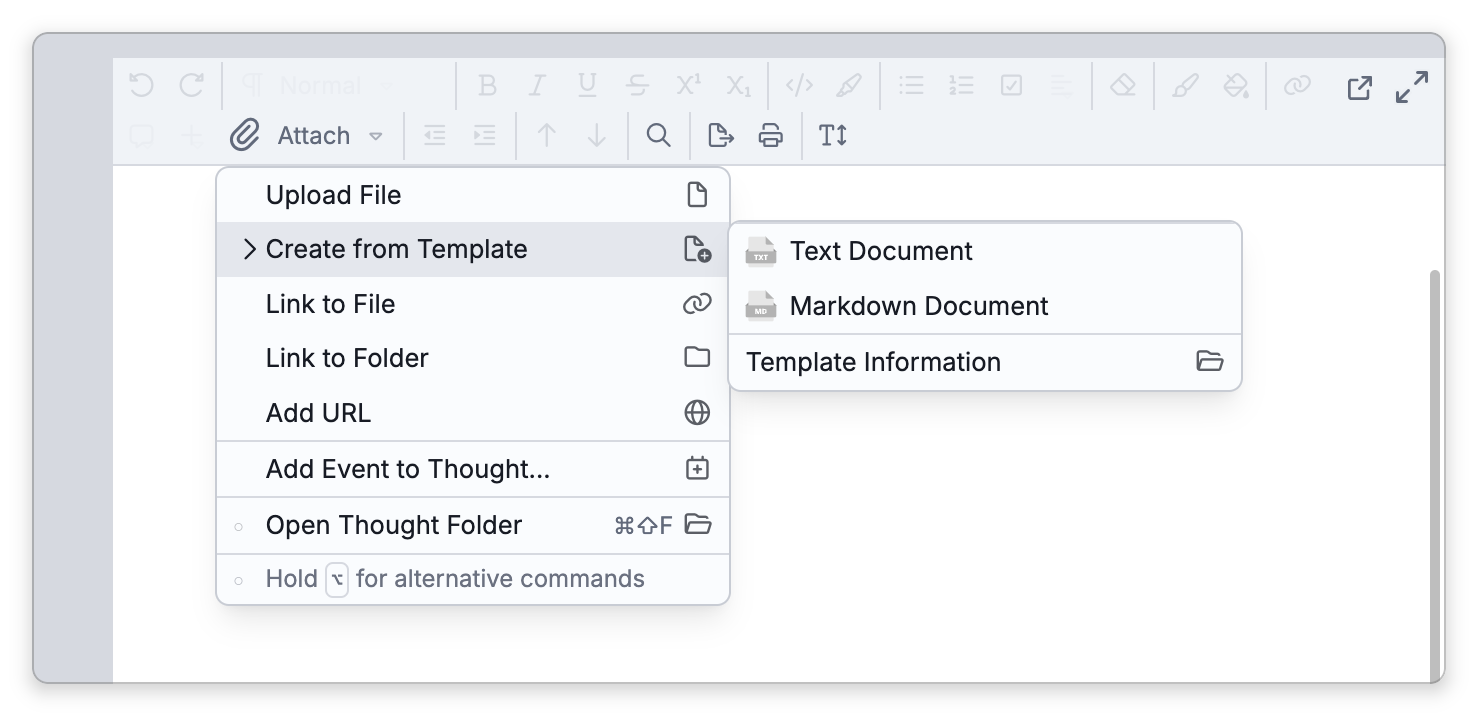 The menu of the Attach button on the notes toolbar with Create from Template open beside it, listing the built-in Text Document and Markdown Document templates and, below them, Template Information