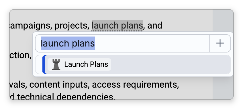 The Insert Thought or Web Link picker opened over the selected words launch plans in a note: its box holds the selected text, with a plus button for a new thought, and below it the matching thought, Launch Plans