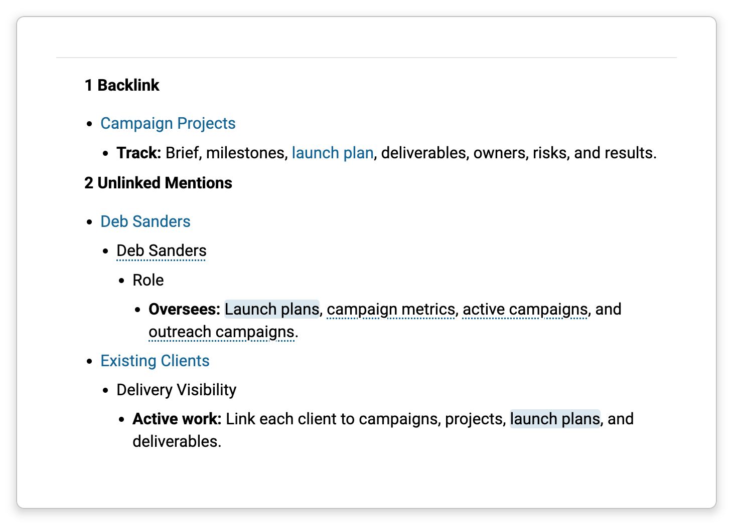 The Backlinks and Unlinked Mentions sections below a note, each listing the other thoughts with the passage that links to or mentions this one