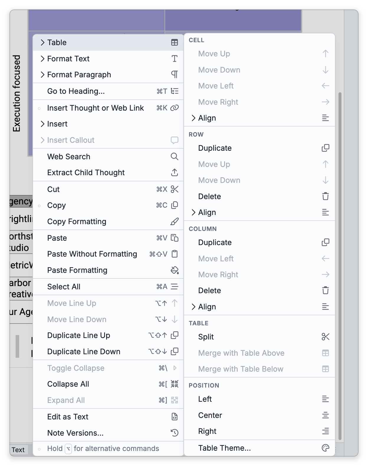 The menu that right-clicking a cell of a table in a note opens, with its Table submenu open: Cell, Row, Column, Table and Position groups of commands, and Table Theme at the end