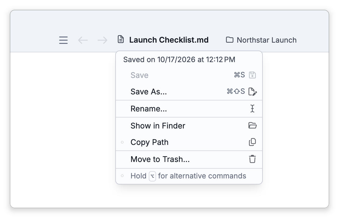 The top row of the window for Launch Checklist.md, with the menu that clicking the file's name opens: Saved on 10/17/2026 at 12:12 PM at the top, then Save (unavailable, since nothing has changed), Save As..., Rename..., Show in Finder, Copy Path and Move to Trash...