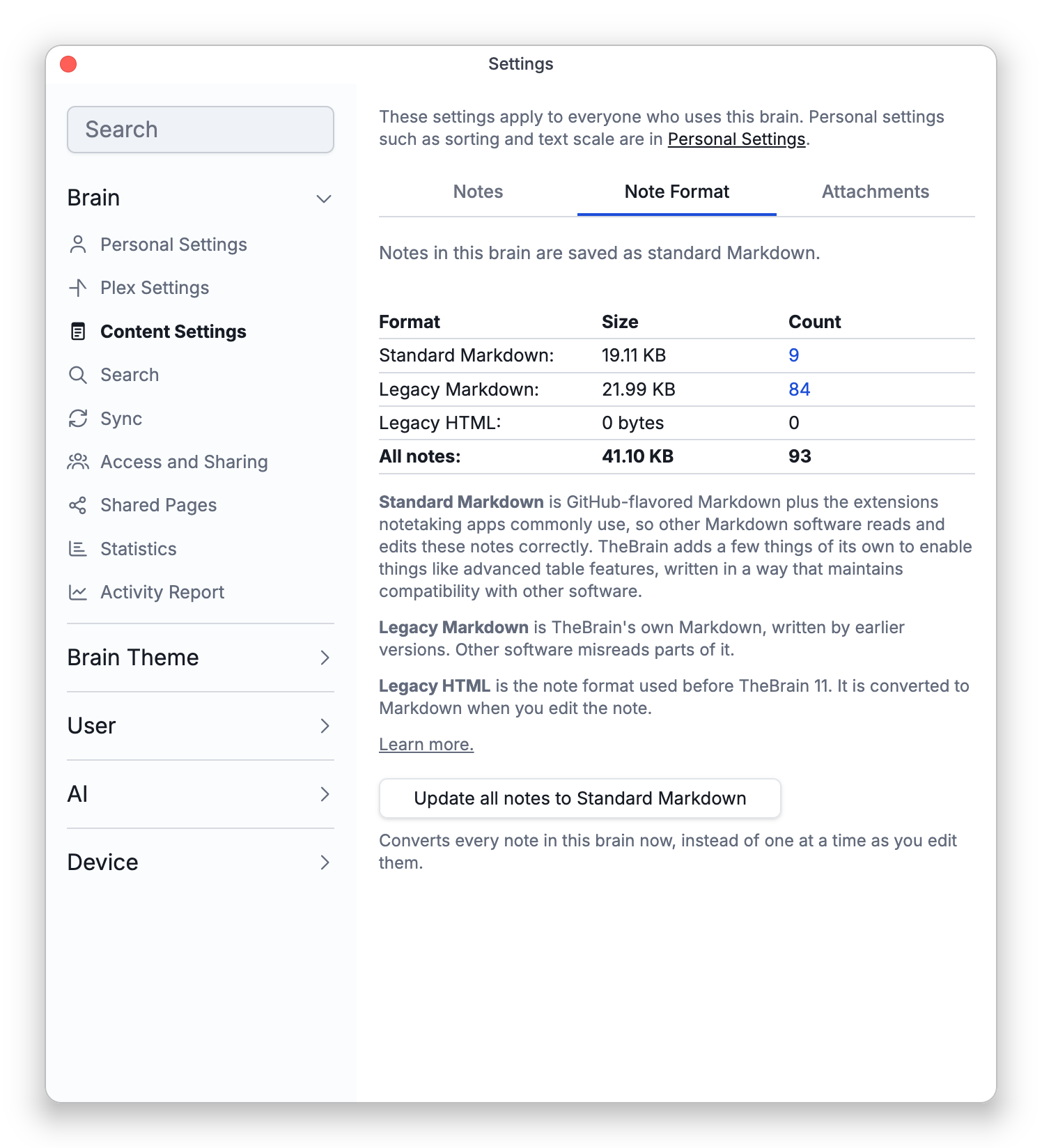 The Note Format sub-tab of Content Settings, with the table of the brain's notes by format and the Update all notes to Standard Markdown button