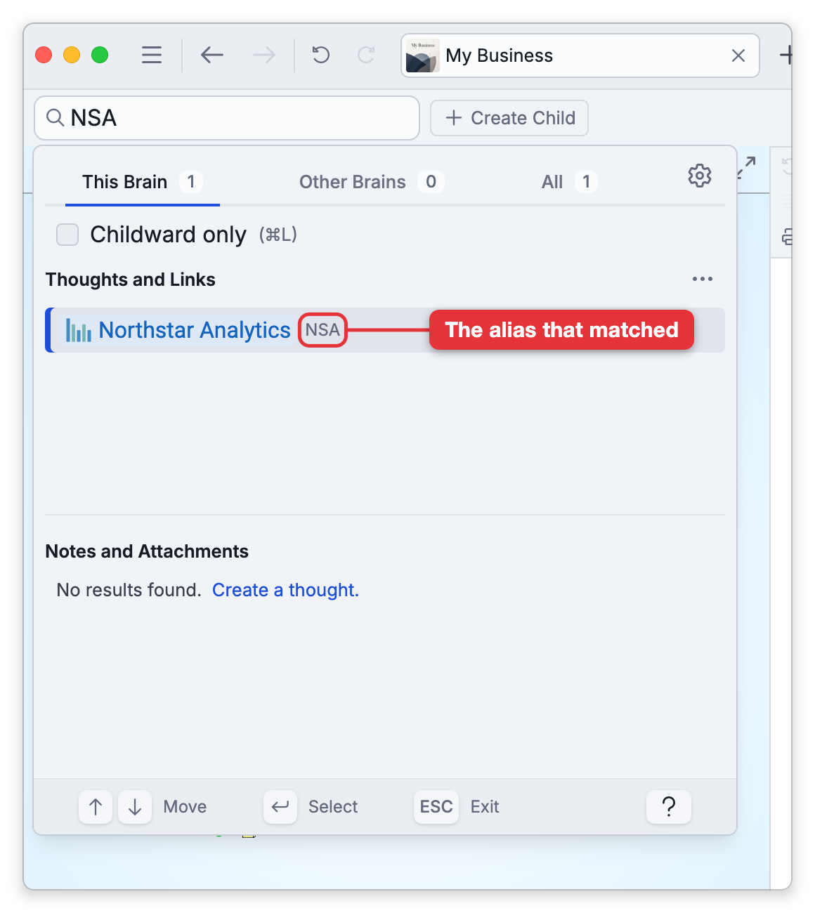 Search with NSA typed: the one result is Northstar Analytics, with a label pointing at NSA, the alias that matched, shown after the name