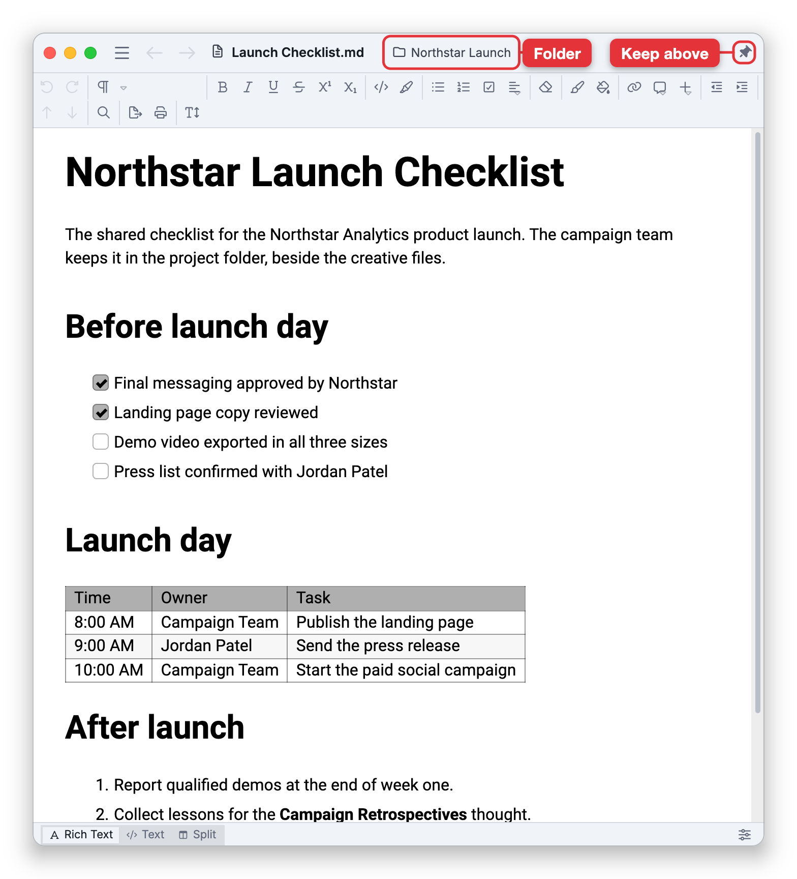 A Markdown file, Launch Checklist.md, open in a window of its own on the desktop app. Its top row has the window buttons, the Main Menu button, Back and Forward, the file's icon and name, and labels point at the name of its folder, Northstar Launch, and at the Keep above other windows pin. Below are the notes toolbar, the file shown formatted with headings, a checklist and a table, and the status bar with Rich Text, Text and Split