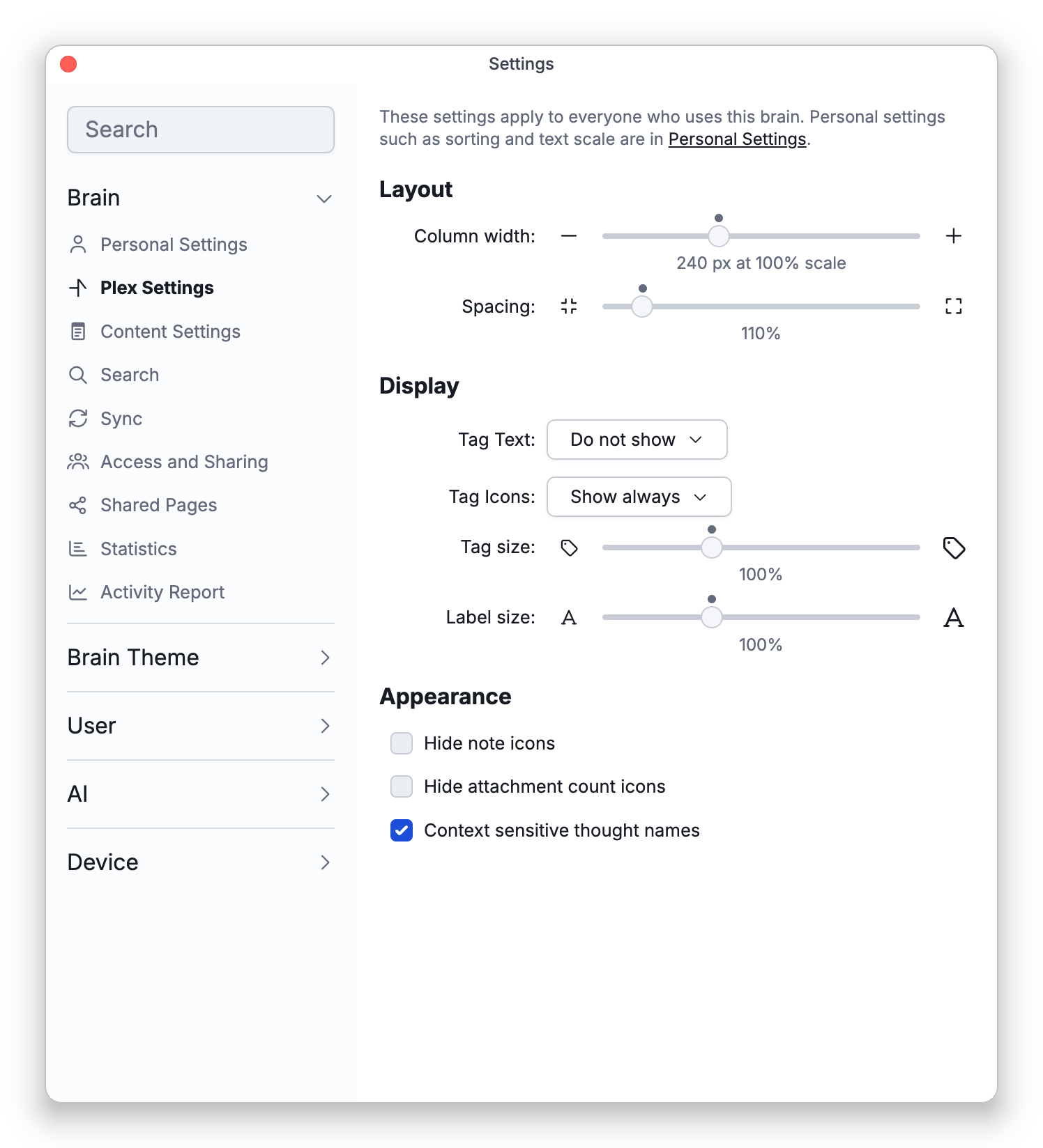 The Plex Settings tab in Settings, with its Layout, Display and Appearance settings