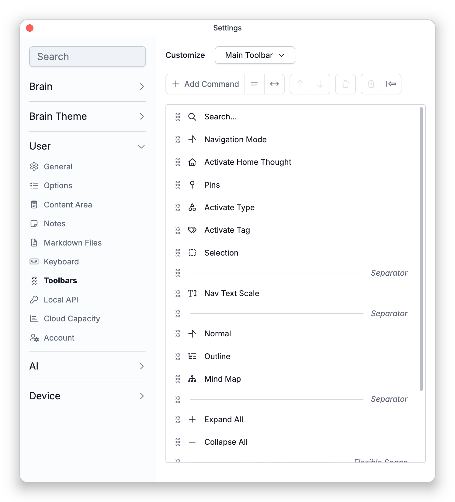 The Toolbars tab in Settings, listing the commands of the main toolbar