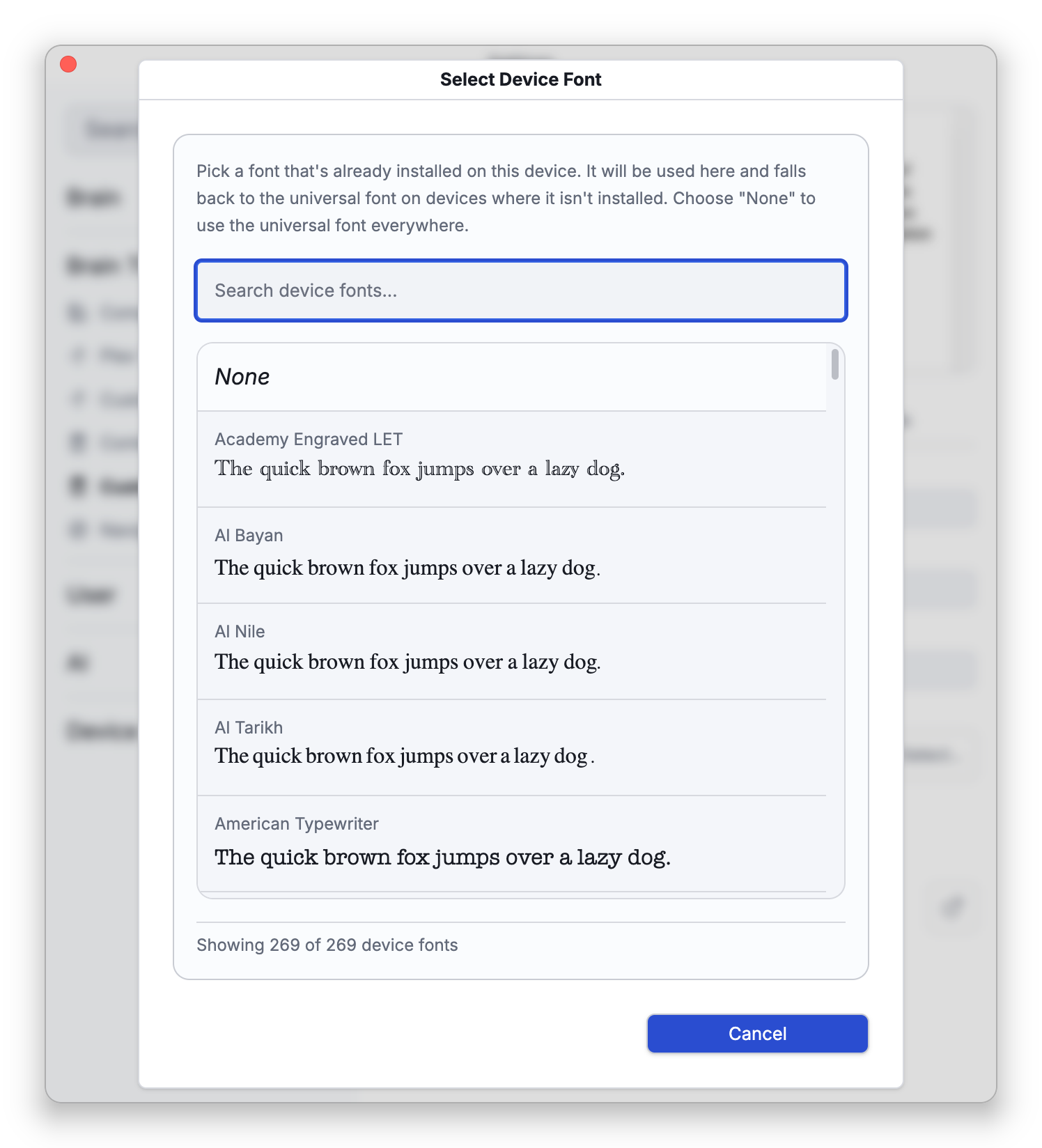 The Select Device Font dialog: an explanation that the font is used where it is installed and falls back to the universal font elsewhere, a search box, and a list of the fonts installed on this computer, each with a sample sentence, below None