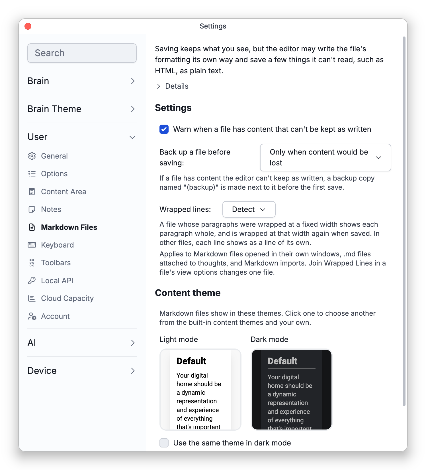 The Markdown Files tab in Settings, with the warning, backup, wrapped lines and content theme settings