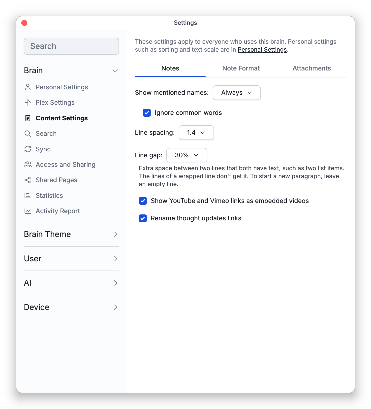 The Notes tab of Content Settings, with Show mentioned names, Line spacing, Line gap and its description, and the other note settings