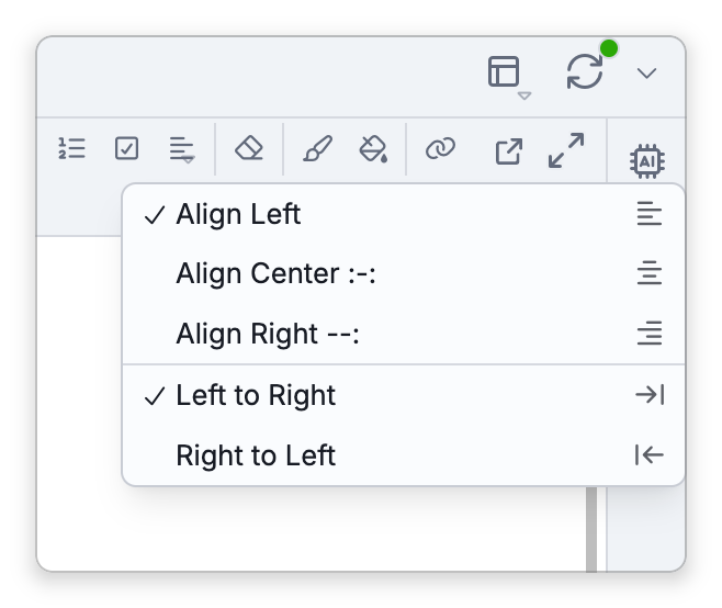 The Text Align menu of the notes toolbar: Align Left, Align Center and Align Right, then Left to Right and Right to Left, with Align Left and Left to Right checked