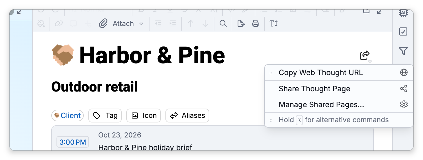 The share button at the right of Harbor & Pine's name, with its menu open: Copy Web Thought URL, Share Thought Page, Manage Shared Pages, and the reminder Hold Option for alternative commands