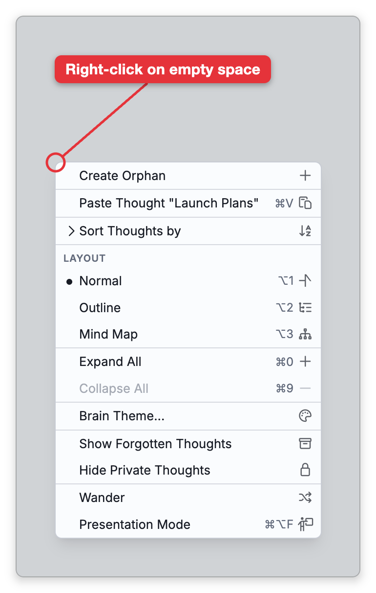 The menu that right-clicking empty space in the Plex opens, labeled where the click was made. Its last command is Presentation Mode, with its shortcut ⌥⌘F
