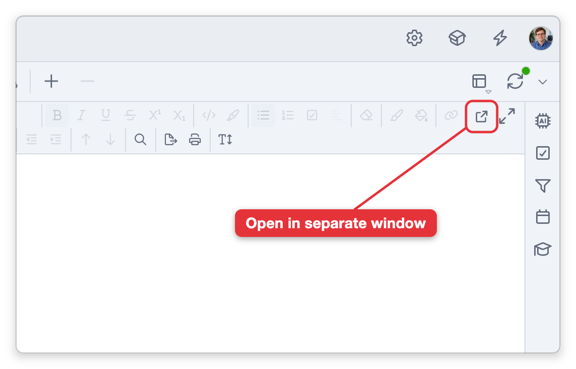 The top-right corner of the content pane in the brain window. A label points at the Open in separate window button, beside the button that maximizes the pane
