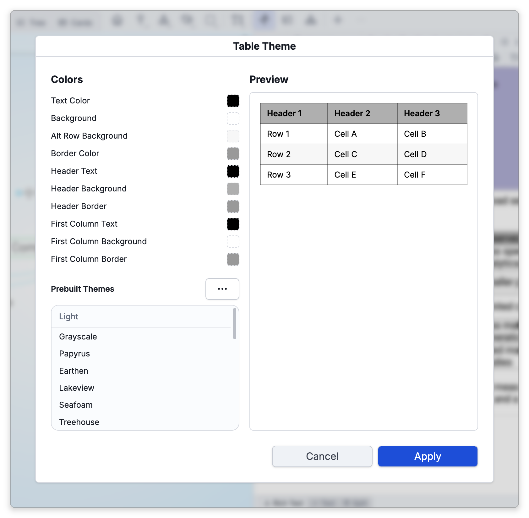 The Table Theme dialog: the Colors panel with a swatch for each part of the table, the Prebuilt Themes list, a preview of a three-column table, and Cancel and Apply