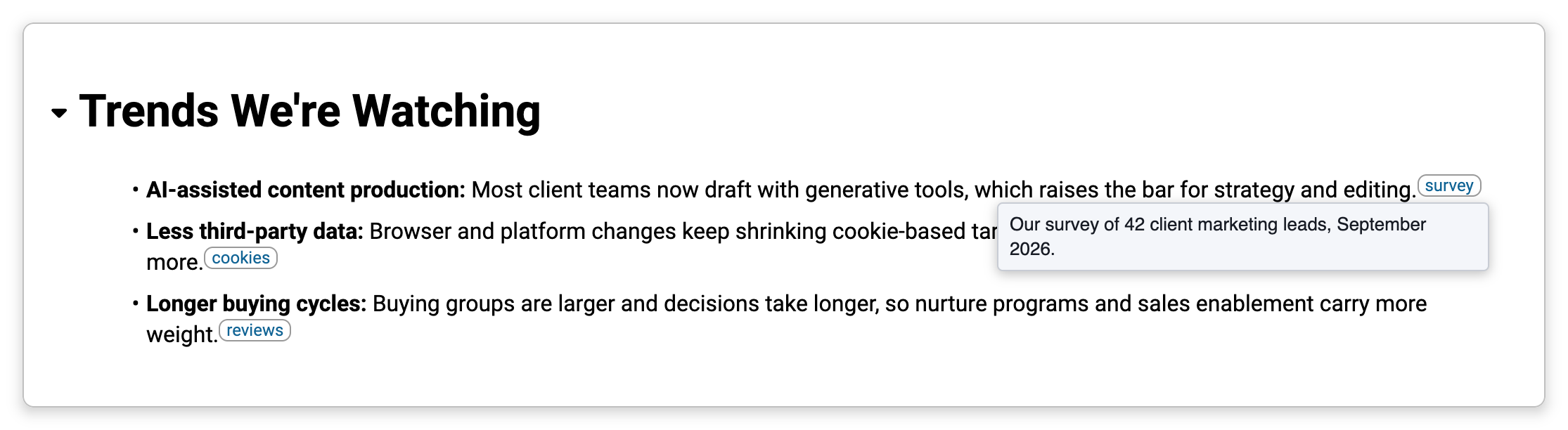The pointer on the survey footnote mark at the end of a sentence, with a popup below it showing the footnote's text: Our survey of 42 client marketing leads, September 2026