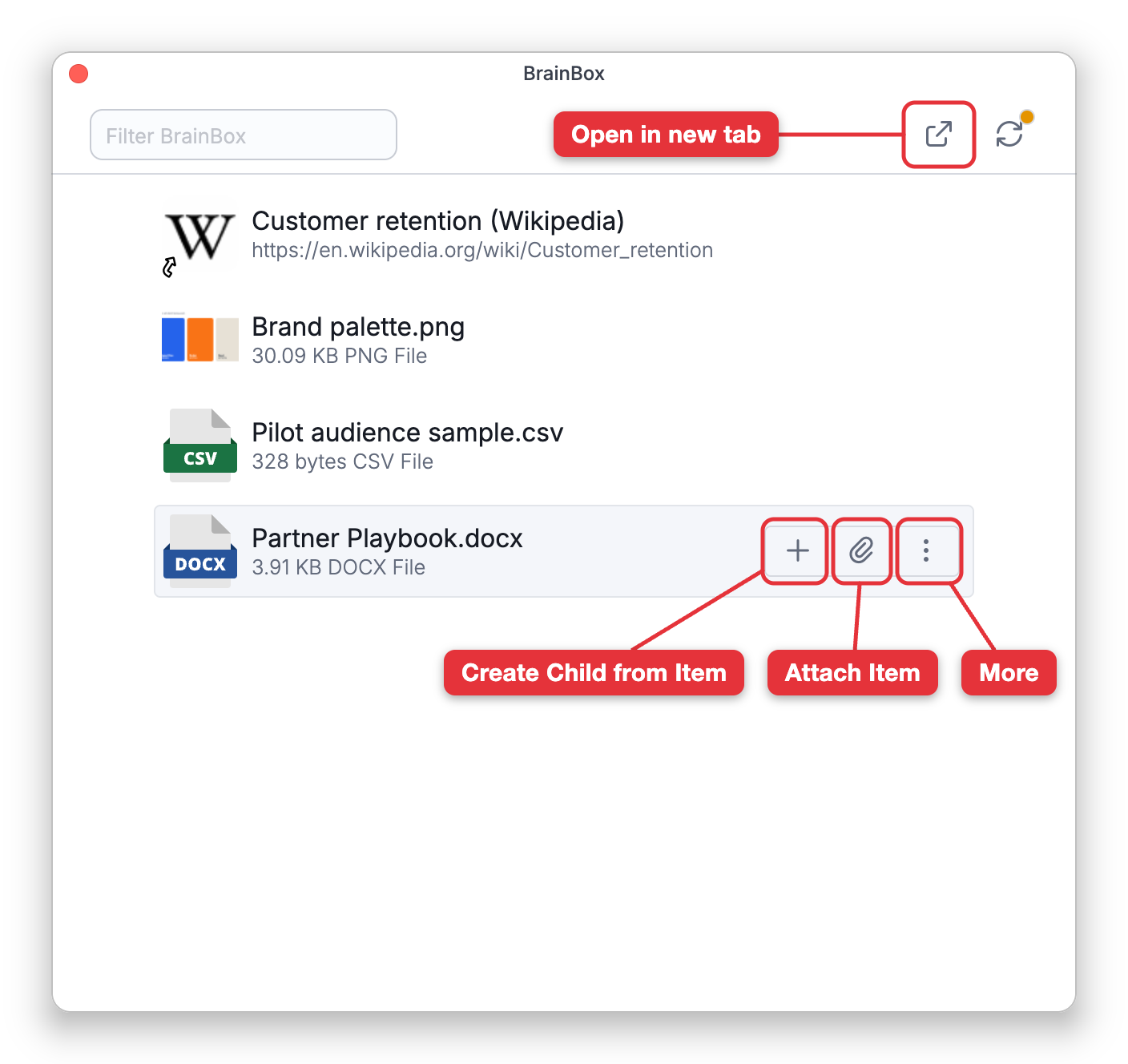 The BrainBox window on the desktop app, listing a web link and three files. The pointer is on Partner Playbook.docx, which shows its Create Child from Item, Attach Item and More buttons. A label points at the Open in new tab button at the top