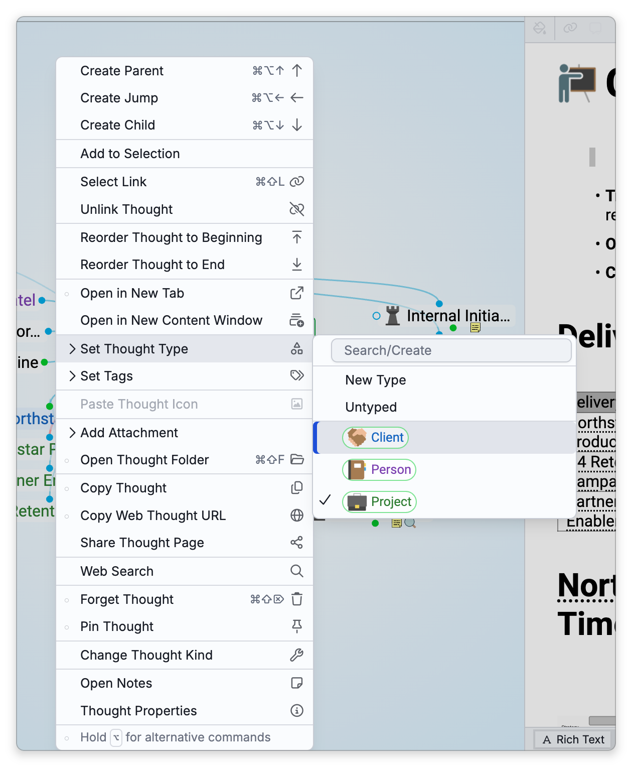 The thought menu of Q4 Retention Campaign with Set Thought Type open: a Search/Create box, New Type, Untyped, and the types Client, Person and Project, with Project ticked