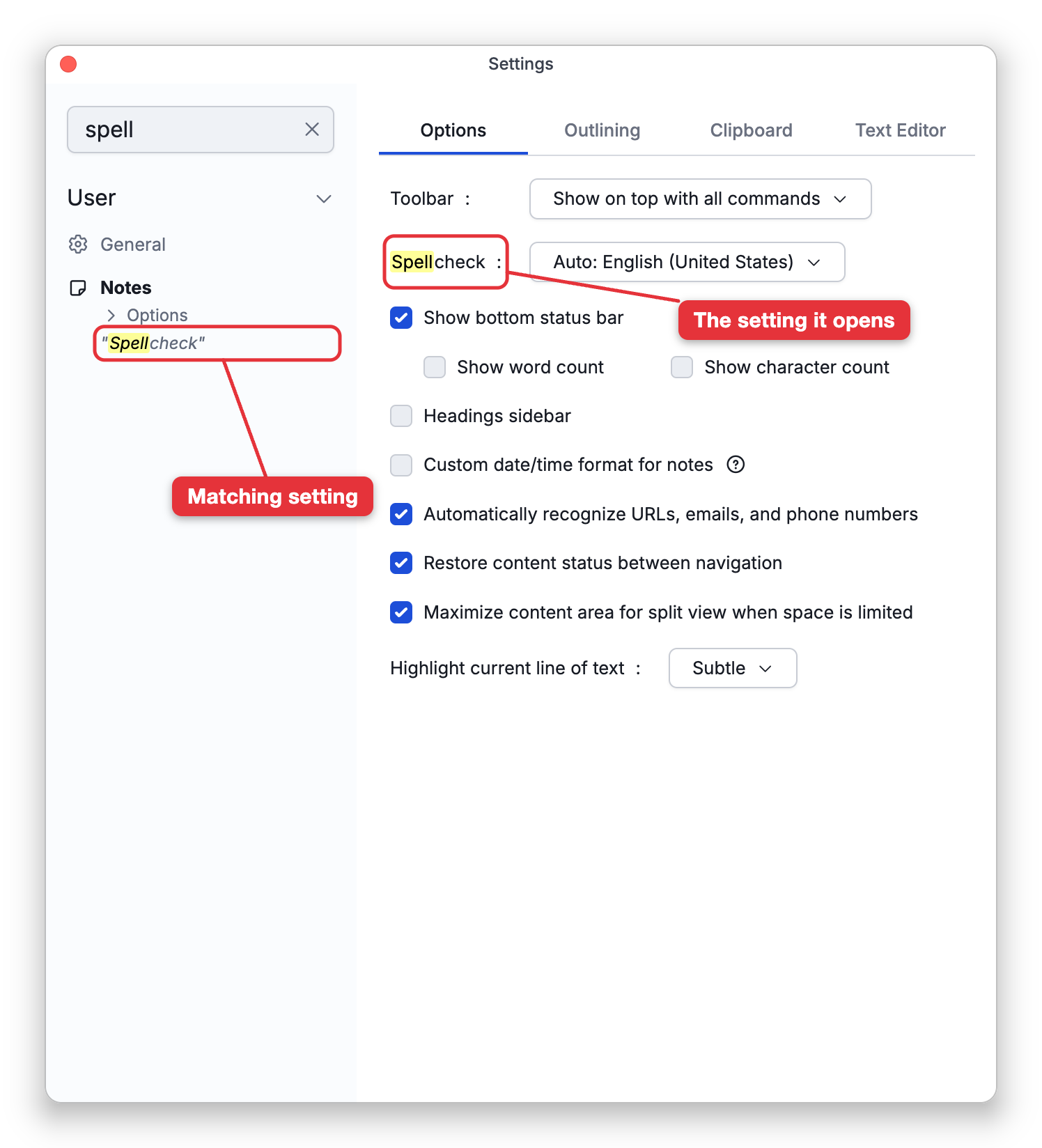 The Settings window with "spell" typed in its search box: a label points at the one match, "Spellcheck", under User > Notes > Options, and another at the Spellcheck setting it opened, highlighted on the Options tab