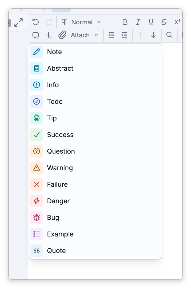 The Callout menu of the notes toolbar, listing the thirteen callout types, each with its icon and color