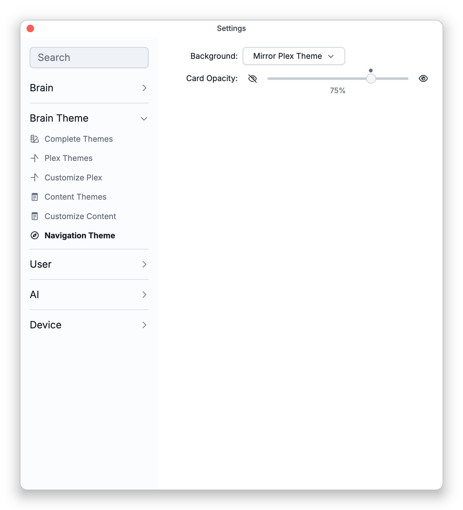 The Navigation Theme tab in Settings, with the Background menu and the Card Opacity slider
