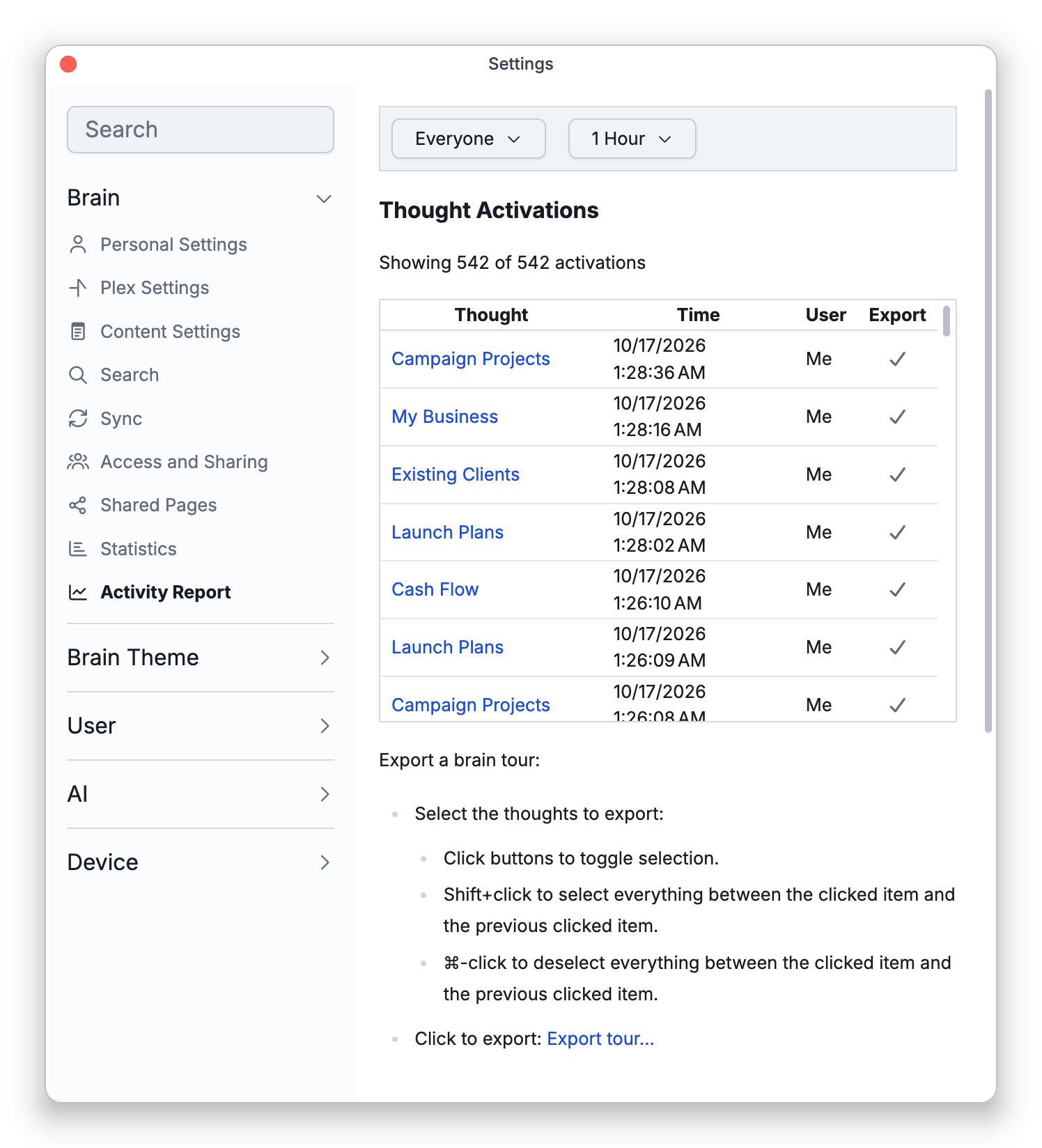 The Activity Report tab in Settings, listing the thoughts activated in the last hour with the time and who activated each