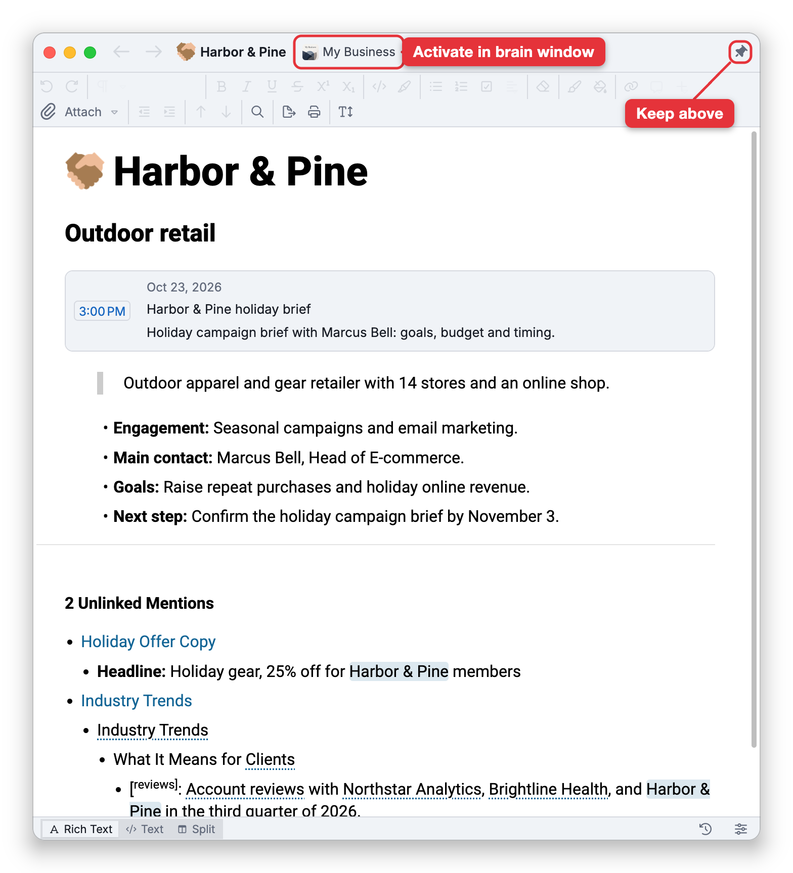 Harbor & Pine in a content window of its own. The top row holds the Back and Forward arrows, the thought's icon and name, and the brain's icon and name, My Business, which a label marks as Activate in brain window; a label reading Keep above points at the pin at the right end, Keep above other windows. Below are the notes toolbar, the thought's name and label, its event and its note