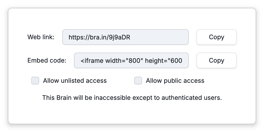 The top of Settings > Brain > Access and Sharing for My Business: the brain's Web link and its Embed code, an iframe snippet, each with a Copy button, then the Allow unlisted access and Allow public access checkboxes, both off, and the note This Brain will be inaccessible except to authenticated users