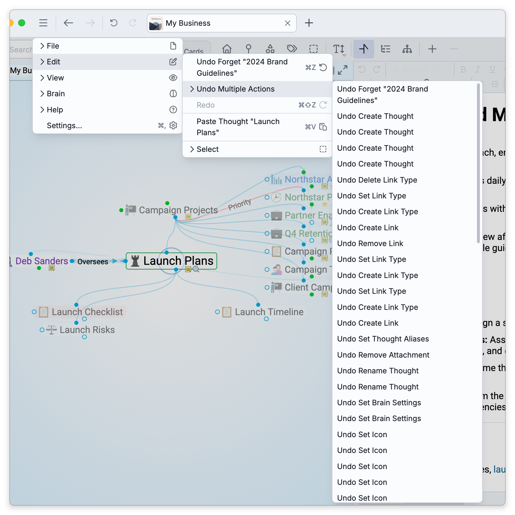 The Main Menu with Edit open: Undo Forget "2024 Brand Guidelines", Undo Multiple Actions, Redo, Paste Thought "Launch Plans" and Select. Undo Multiple Actions is open, listing recent edits newest first, such as Undo Create Thought, Undo Delete Link Type, Undo Set Link Type and Undo Set Icon