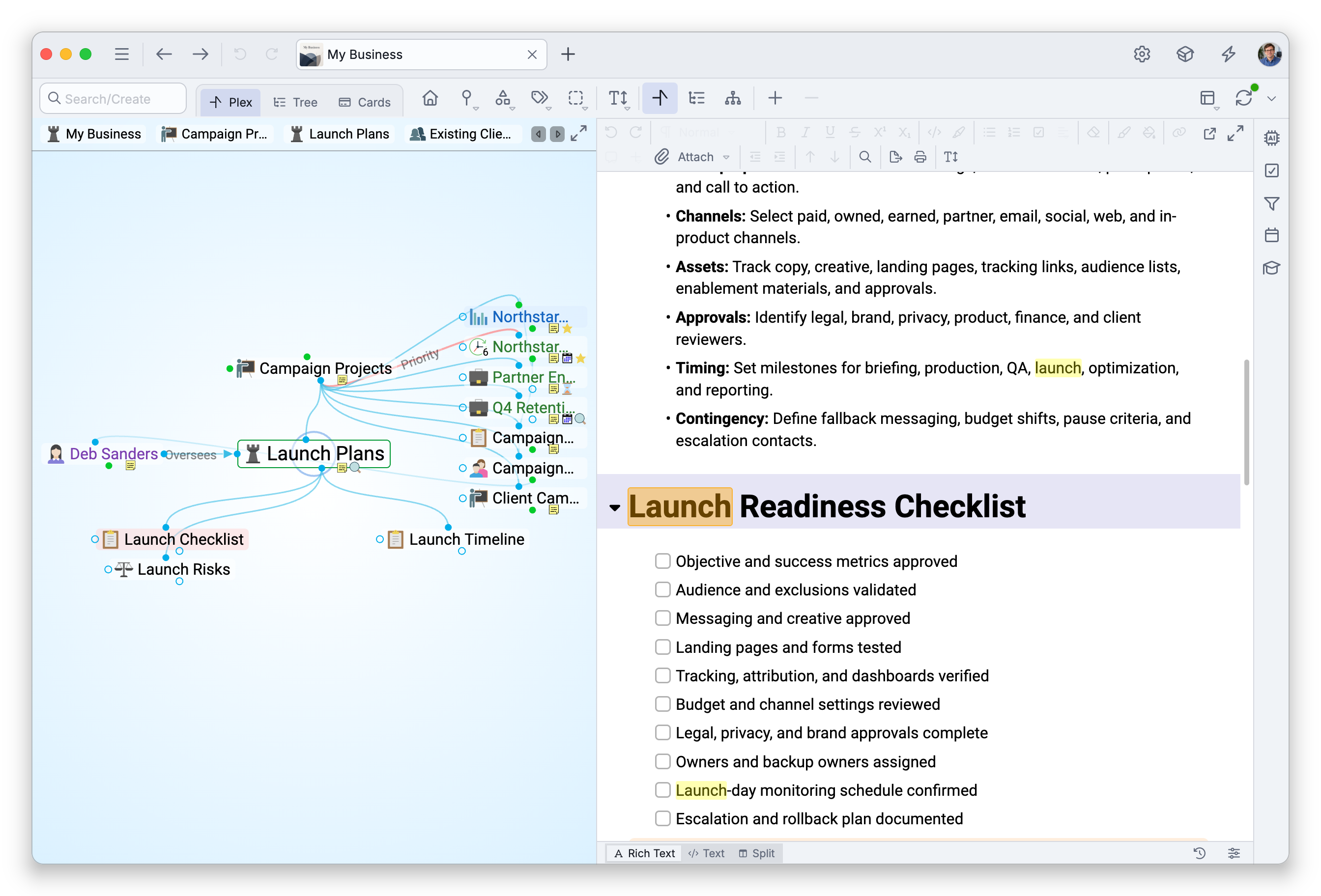 The brain window after a note line in the results was clicked: Launch Plans is the active thought, and its note is scrolled to the heading Launch Readiness Checklist, with the clicked "Launch" highlighted more strongly than the other matches of "launch" in the note