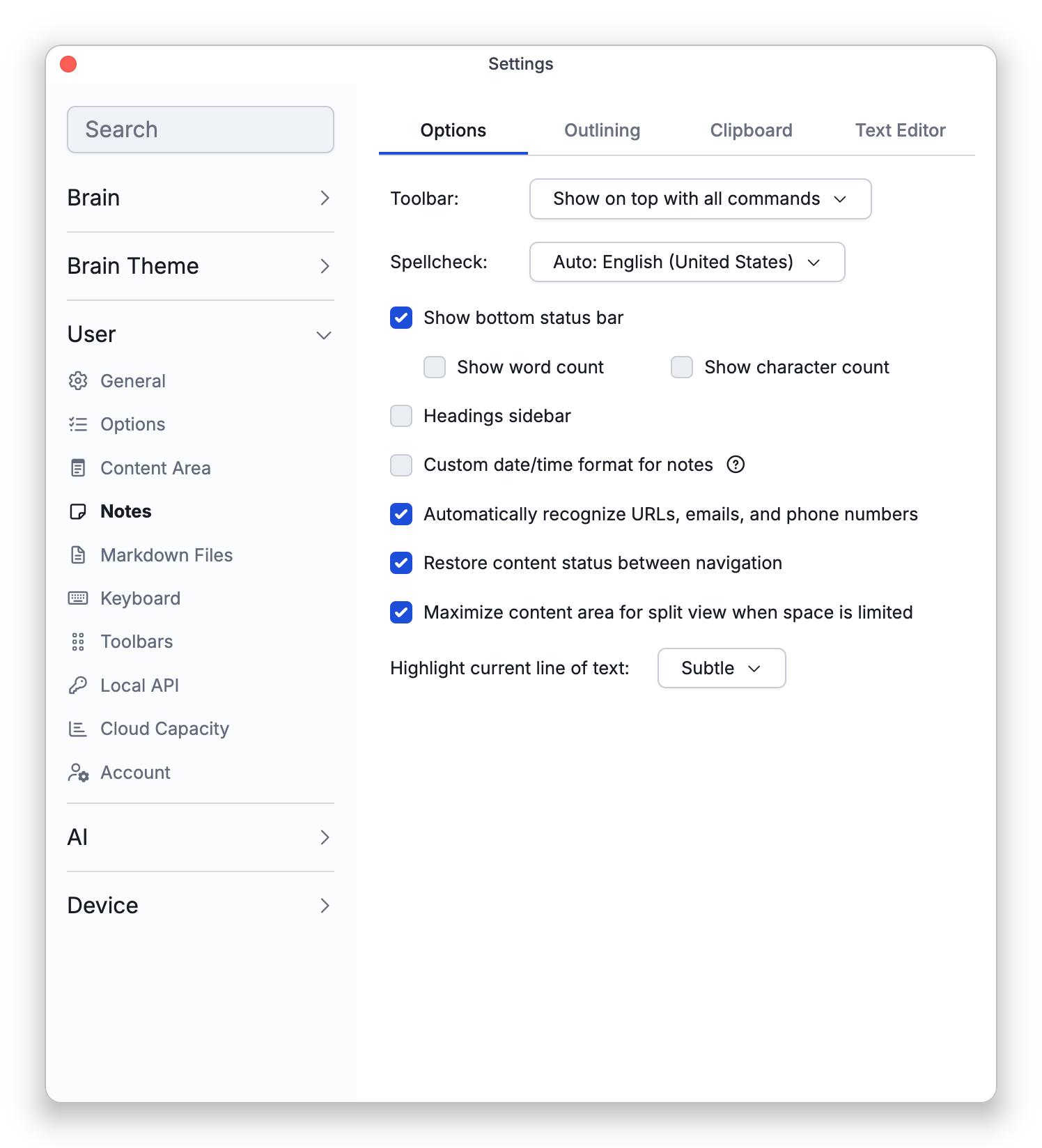 The Options tab of the Notes settings, with the Spellcheck button reading Auto: English (United States) below the Toolbar setting