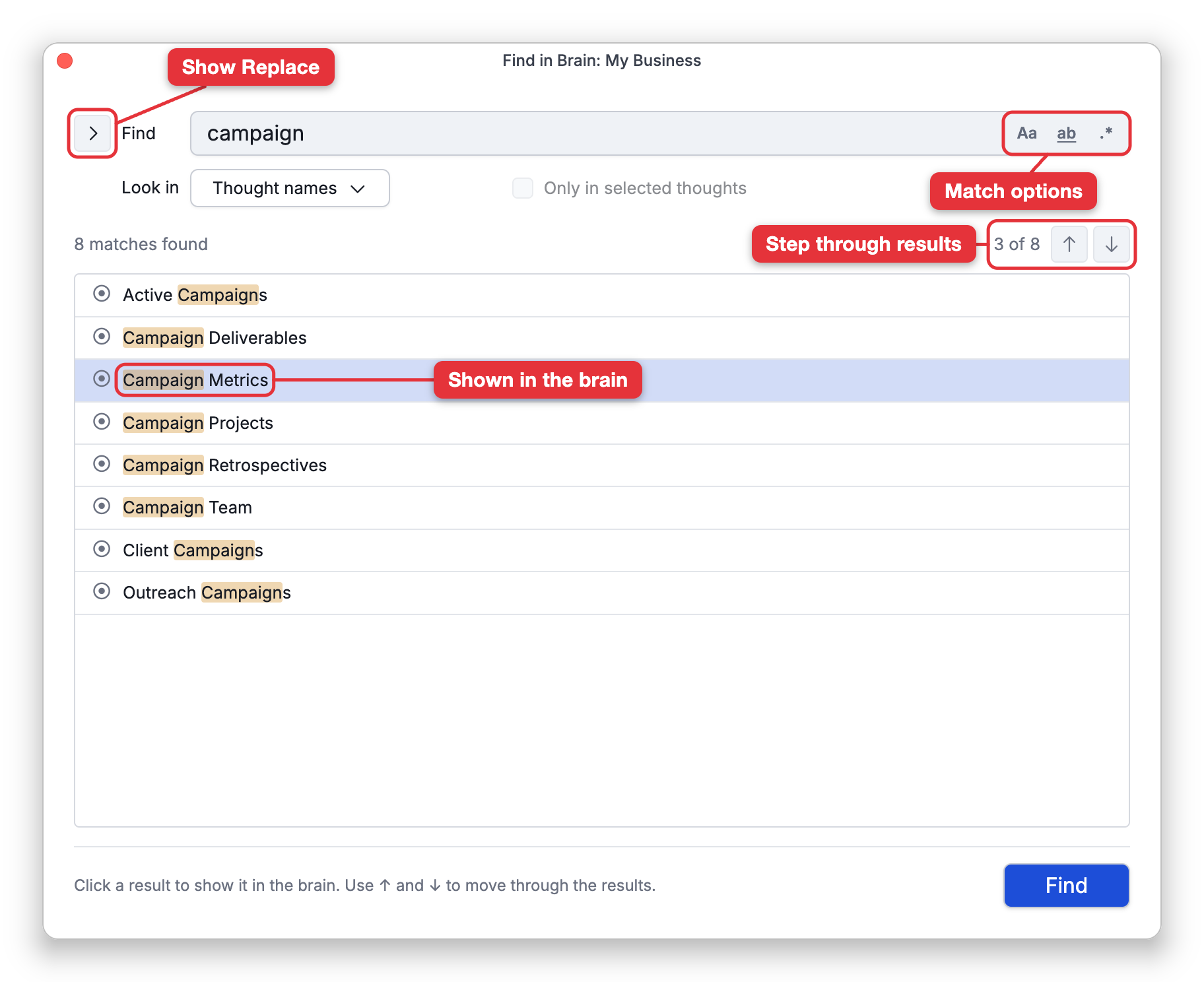 Find in Brain after finding "campaign" in thought names: eight results with "Campaign" highlighted in each, and the third, Campaign Metrics, highlighted as the one shown in the brain. Labels point at the Show Replace button beside Find, the match options at the end of the Find box, the position and arrow buttons above the results, and the clicked result