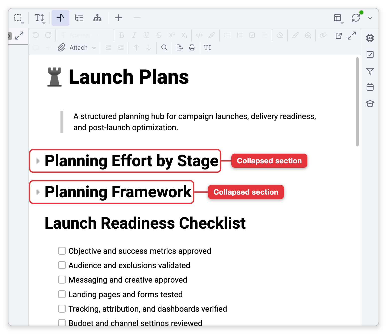 The note of Launch Plans with its first two sections, Planning Effort by Stage and Planning Framework, collapsed to their headings, each with an arrow pointing right and a label, while Launch Readiness Checklist below them is open