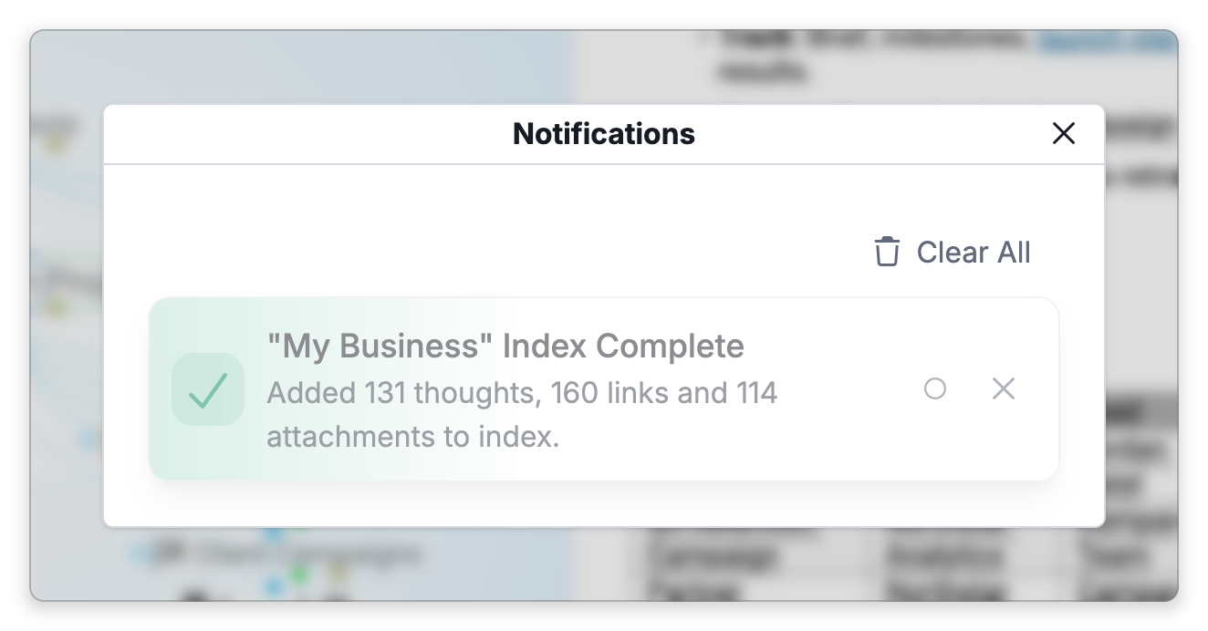 The Notifications dialog with Clear All at the top and one unread notification, "My Business" Index Complete, with its description, its filled circle and its Delete button. The notification is low priority, so it is shown faded