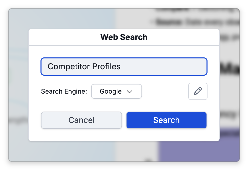 The Web Search dialog with the thought's name, Competitor Profiles, as the query, Google as the search engine with a pencil button beside it, and Cancel and Search