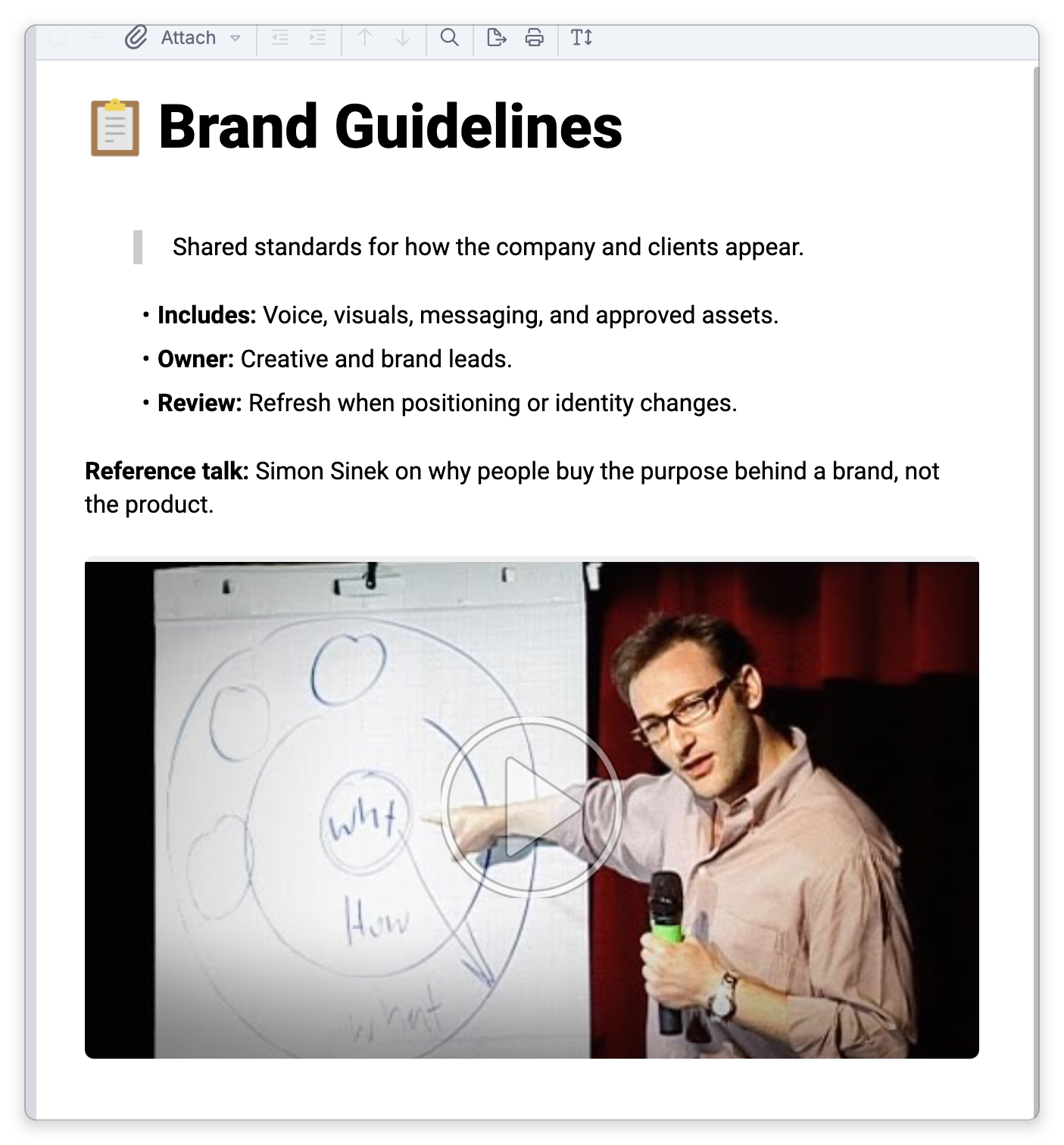 The Brand Guidelines note, whose last line is a YouTube link on its own. TheBrain shows it as an embedded video: the talk's poster image with a play button, below a line of text that introduces it