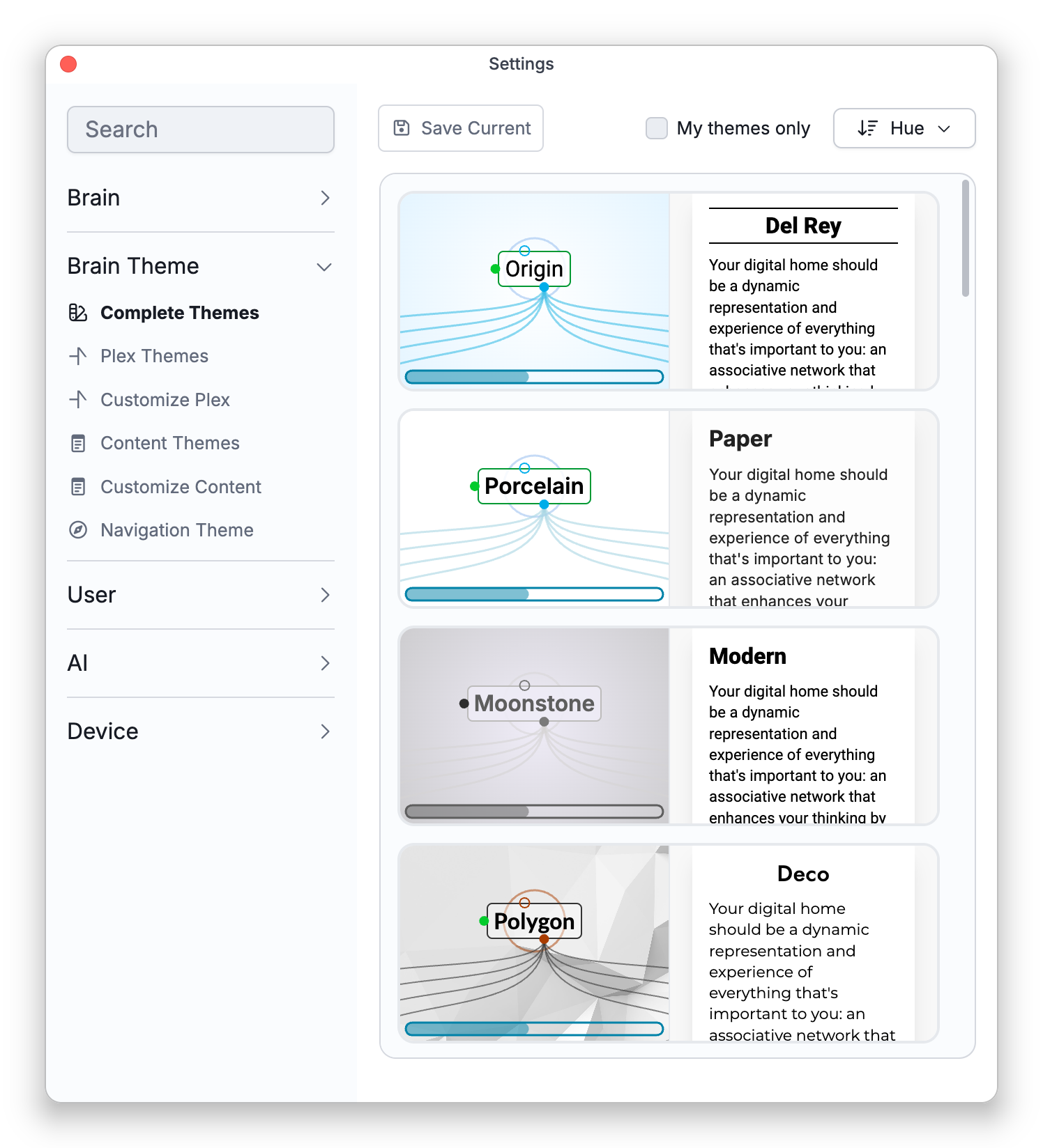 The Complete Themes tab in Settings, under Brain Theme: Save Current, My themes only, the sort menu and a gallery of themes, each shown as a Plex thumbnail beside a notes thumbnail