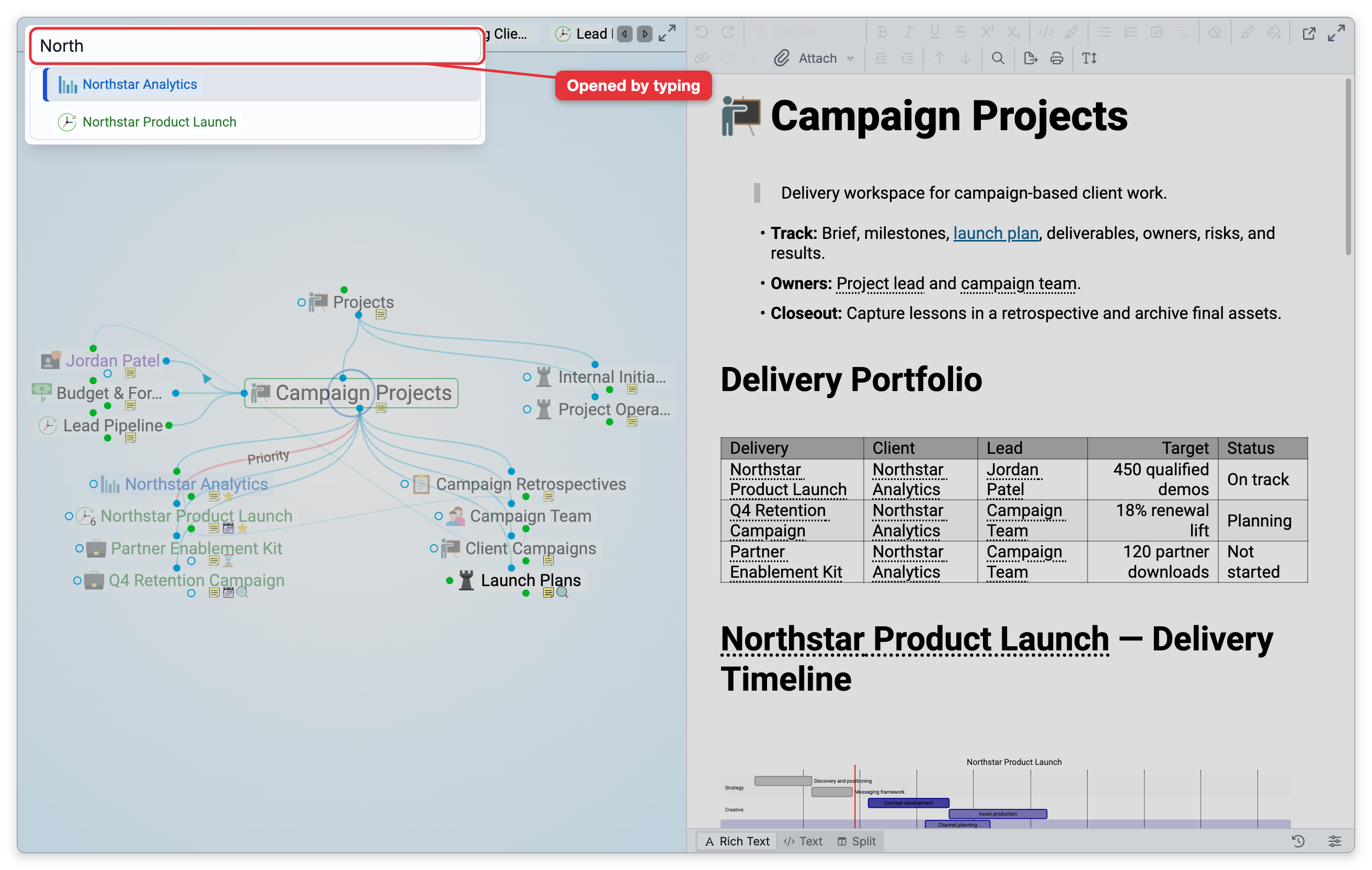 A brain in Presentation Mode, filling the screen with no toolbars, sidebar, Timeline Bar or title bar. Typing North has opened the small search box at the top left, listing Northstar Analytics and Northstar Product Launch, and a label points at the box