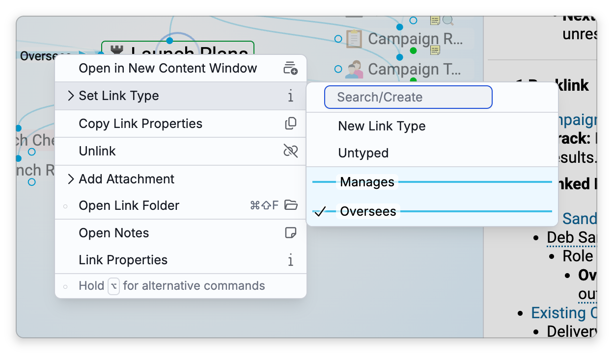 The menu of the link from Deb Sanders to Launch Plans with Set Link Type open: a Search/Create box, New Link Type, Untyped, and the link types Manages and Oversees, with Oversees ticked
