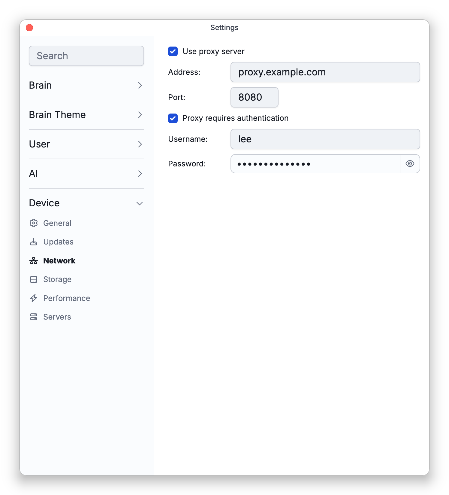 Settings > Device > Network with Use proxy server on, showing the Address and Port boxes, and with Proxy requires authentication on, the Username and Password boxes and the eye button. The values are examples