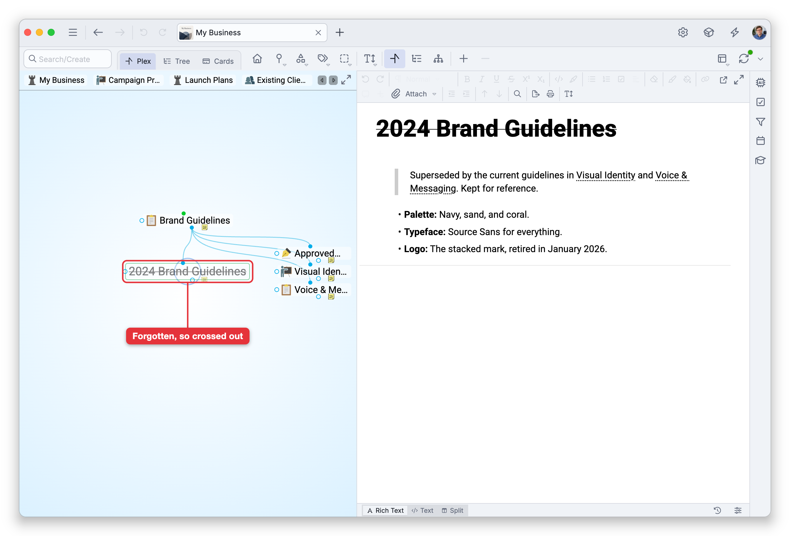 With Show Forgotten Thoughts on, the forgotten thought 2024 Brand Guidelines is active: its name is crossed out and faded in the Plex, under its parent Brand Guidelines, and crossed out at the top of its note. A label points at it in the Plex